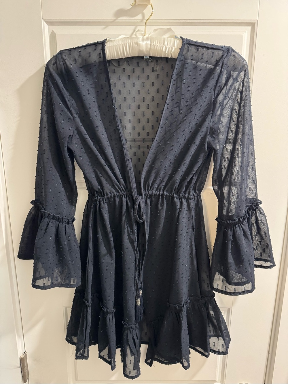 blue island Navy Swiss Dot V-Neck Tie-Waist Ruffle Mini Dress